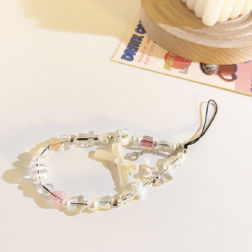 リボンチャーム付ビーズチェーンストラップ / bead chain strap with ribbon charm