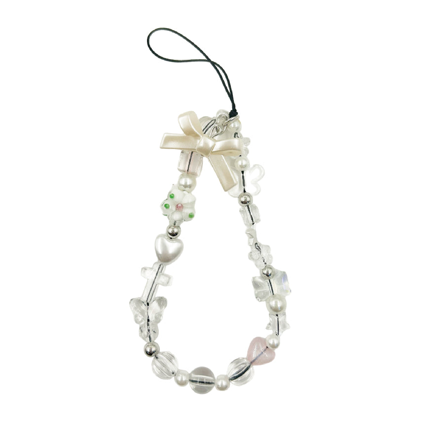 リボンチャーム付ビーズチェーンストラップ / bead chain strap with ribbon charm