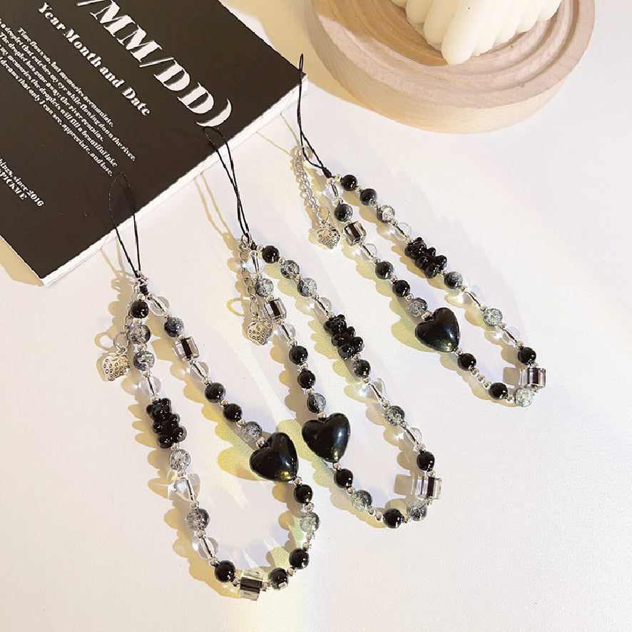ブラックハート&ベアー ビーズ チェーン ストラップ / black heart & bear bead chain strap