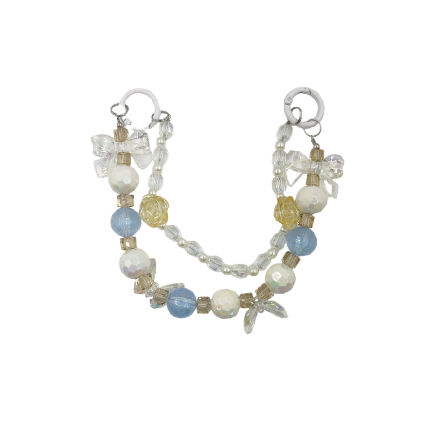 クリスタル リボン チェーン ビーズ2連ストラップ / crystal ribbon chain beaded double strap
