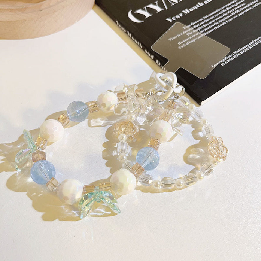 クリスタル リボン チェーン ビーズ2連ストラップ / crystal ribbon chain beaded double strap