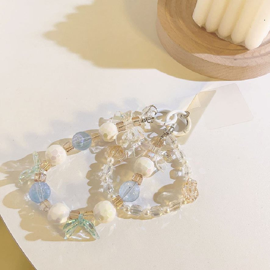 クリスタル リボン チェーン ビーズ2連ストラップ / crystal ribbon chain beaded double strap