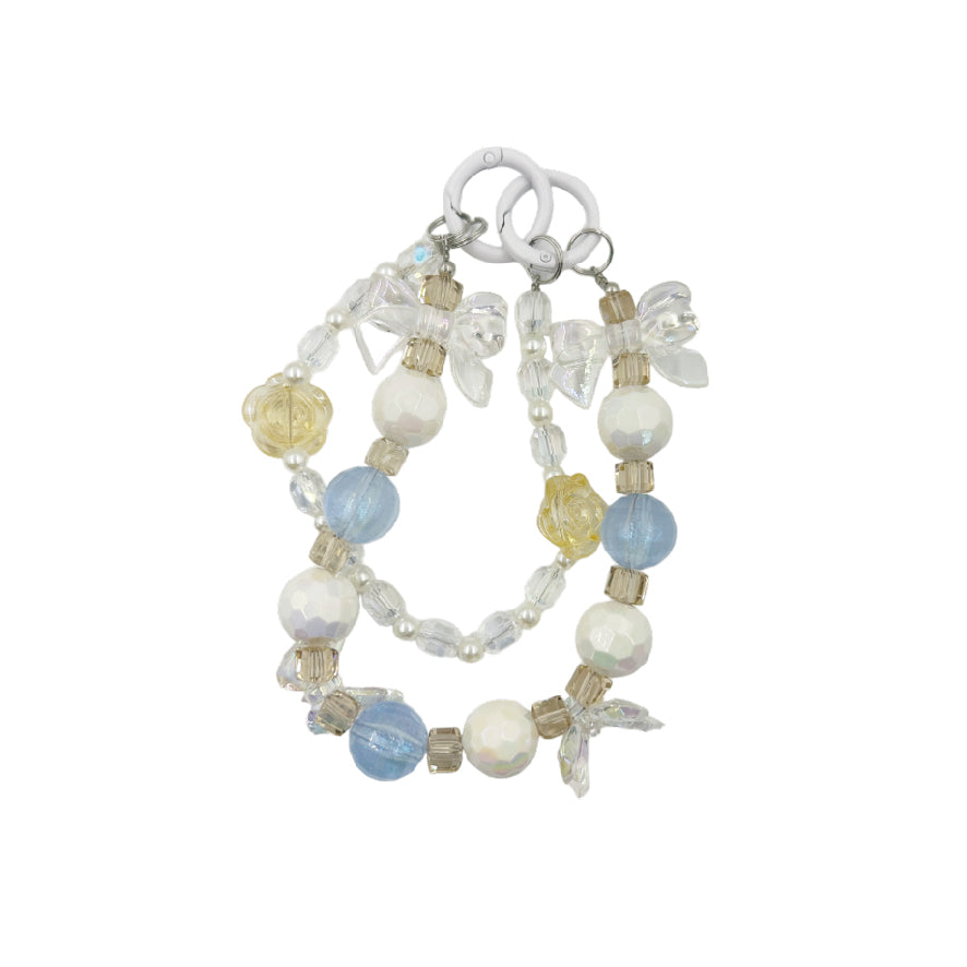 クリスタル リボン チェーン ビーズ2連ストラップ / crystal ribbon chain beaded double strap