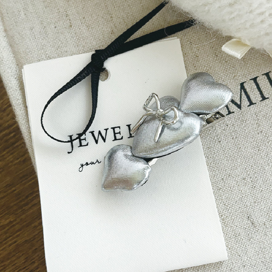 シルバー レザー リボン ヘアクリップ ハート/silver leather ribbon hair clip heart