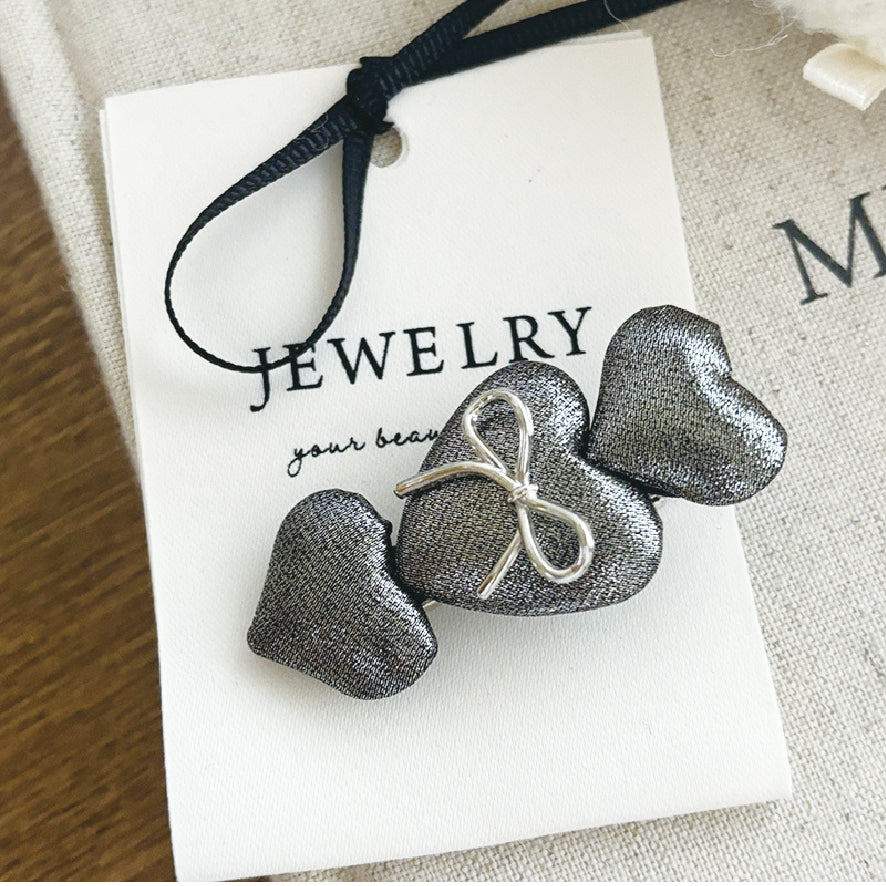 シルバー レザー リボン ヘアクリップ ハート/silver leather ribbon hair clip heart