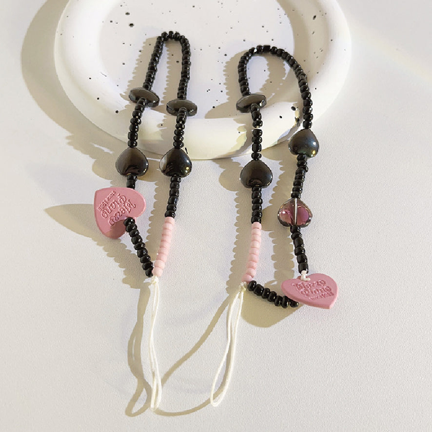 ブラック ビーズ チェーン ハート ストラップ / black beaded chain heart strap