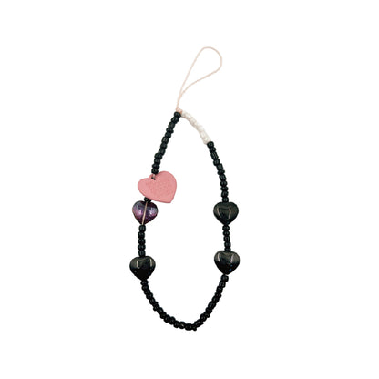 ブラック ビーズ チェーン ハート ストラップ / black beaded chain heart strap