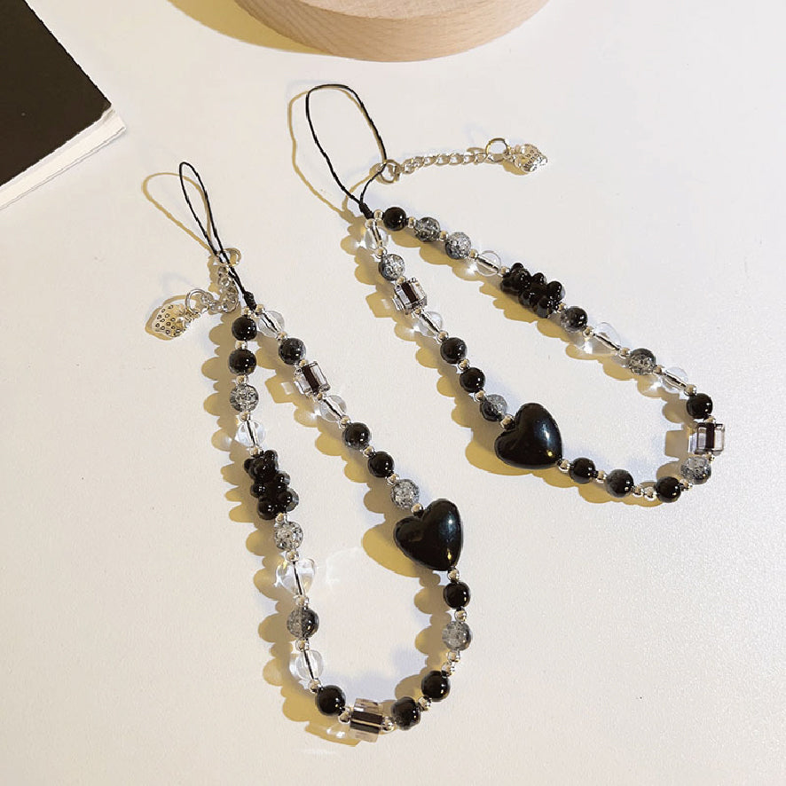 ブラックハート＆ベアー ビーズ チェーン ストラップ / black heart & bear bead chain strap