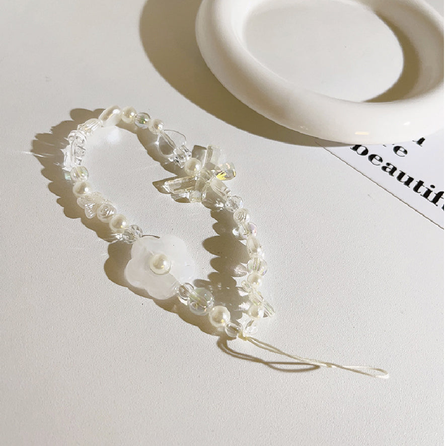 クリーム リボン フラワー ビーズ チェーン ストラップ / cream ribbon flower beaded chain strap