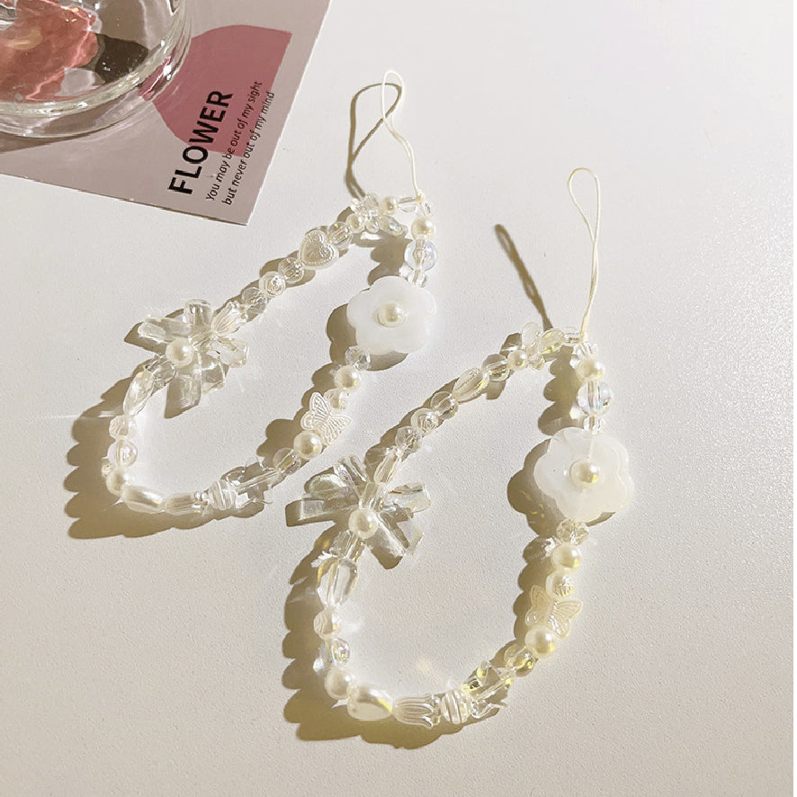 クリーム リボン フラワー ビーズ チェーン ストラップ / cream ribbon flower beaded chain strap