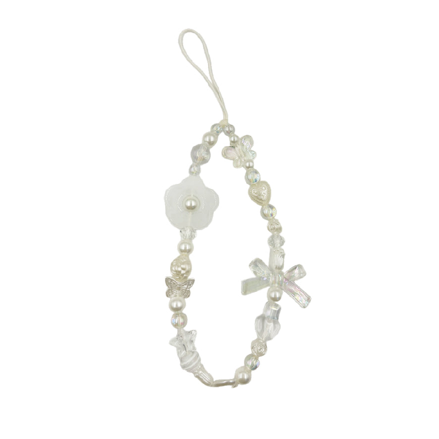 クリーム リボン フラワー ビーズ チェーン ストラップ / cream ribbon flower beaded chain strap