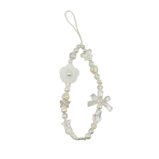 クリーム リボン フラワー ビーズ チェーン ストラップ / cream ribbon flower beaded chain strap