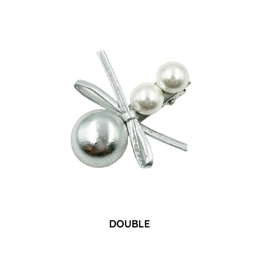 シルバー レザー リボン ヘアクリップ パール /silver leather ribbon hair clip pearl